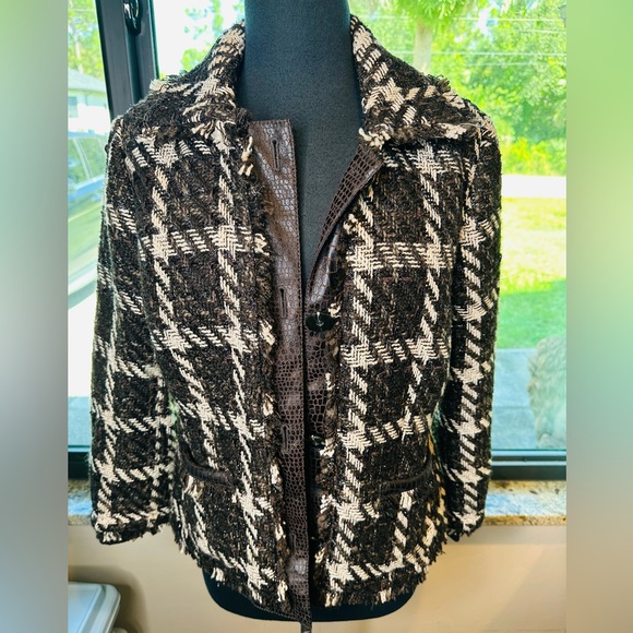 Chico's Janise Jacket Chocolate Tweed Plaid Blazer Faux Leather Accents Size1/8 - Picture 1 of 10